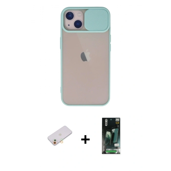 MARSİLYAN™- iPhone 13 Kılıf Vadi Çizgi - Şeffaf 360 Full Body Arka Koruyucu + Renkli Kamera Lens Koruma Cam - TU