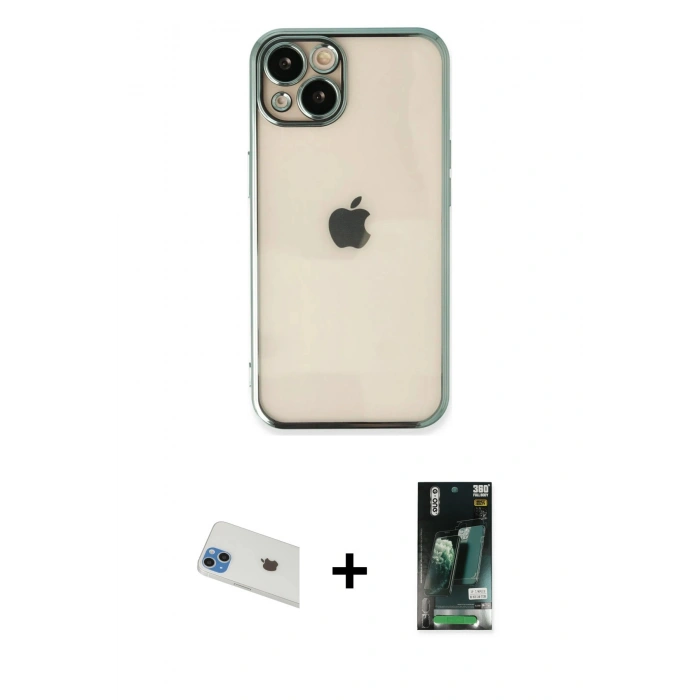 MARSİLYAN™- iPhone 13 Kılıf Vadi Minimal - Şeffaf 360 Full Body Arka Koruyucu + Mavi Rainbow Kamera Lens Koruma Cam