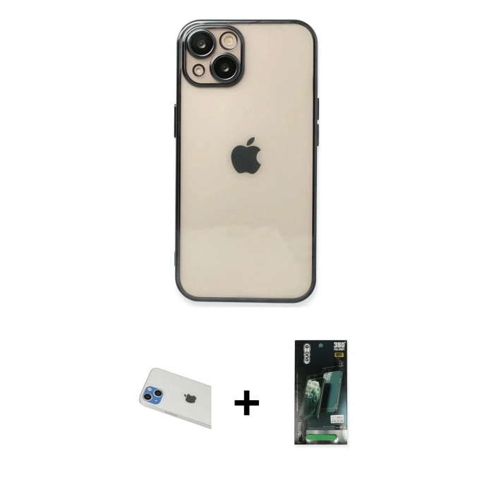 MARSİLYAN™- iPhone 13 Kılıf Vadi Minimal - Şeffaf 360 Full Body Arka Koruyucu + Mavi Rainbow Kamera Lens Koruma Cam