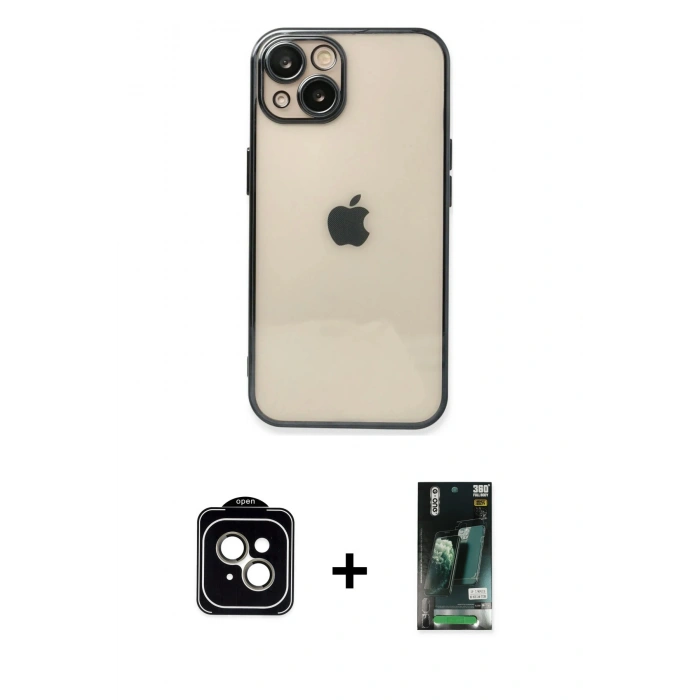 MARSİLYAN™- iPhone 13 Kılıf Vadi Minimal - Şeffaf 360 Full Body Arka Koruyucu + PVD Metal Kamera Lens - NLGY