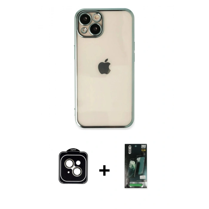 MARSİLYAN™- iPhone 13 Kılıf Vadi Minimal - Şeffaf 360 Full Body Arka Koruyucu + PVD Metal Kamera Lens - NLGY