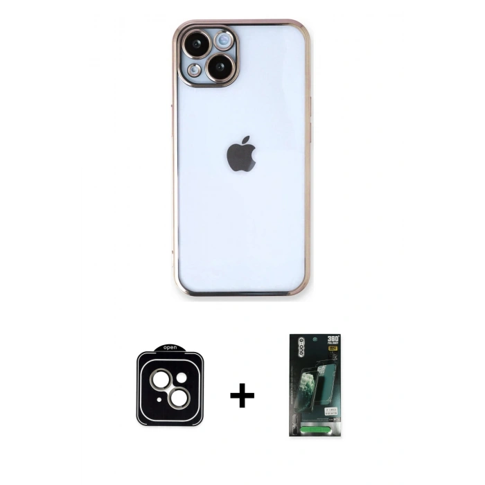 MARSİLYAN™- iPhone 13 Kılıf Vadi Minimal - Şeffaf 360 Full Body Arka Koruyucu + PVD Metal Kamera Lens - NLGY