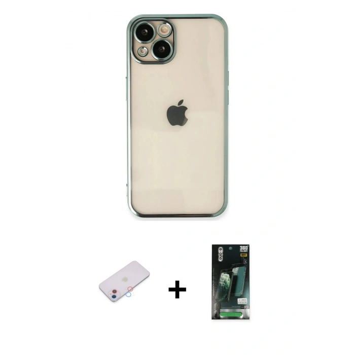 MARSİLYAN™- iPhone 13 Kılıf Vadi Minimal - Şeffaf 360 Full Body Arka Koruyucu + Renkli Kamera Lens Koruma Cam - PE