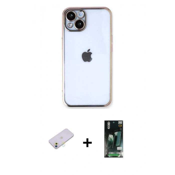 MARSİLYAN™- iPhone 13 Kılıf Vadi Minimal - Şeffaf 360 Full Body Arka Koruyucu + Renkli Kamera Lens Koruma Cam - SI