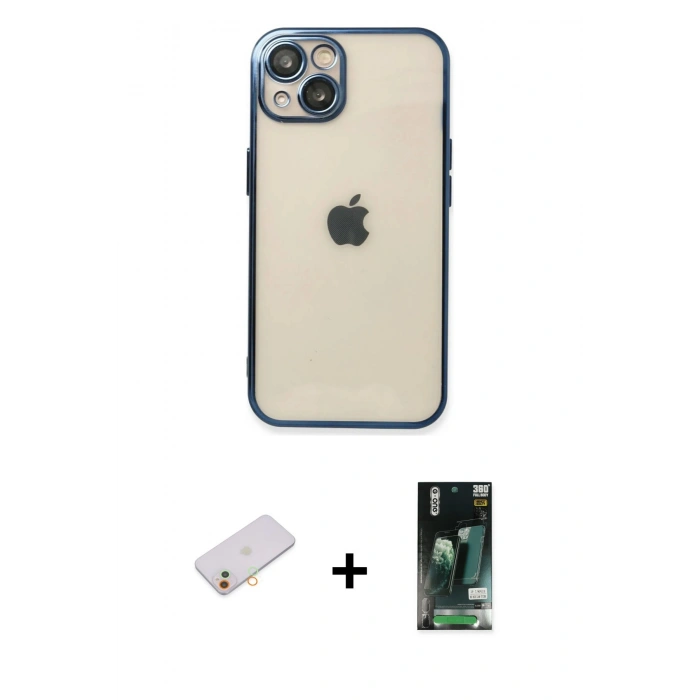 MARSİLYAN™- iPhone 13 Kılıf Vadi Minimal - Şeffaf 360 Full Body Arka Koruyucu + Renkli Kamera Lens Koruma Cam - TU