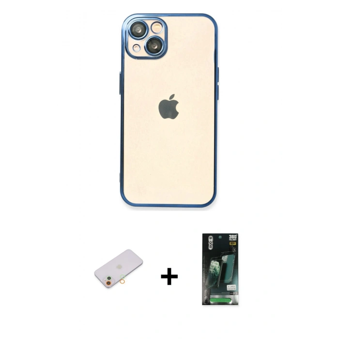 MARSİLYAN™- iPhone 13 Kılıf Vadi Minimal - Şeffaf 360 Full Body Arka Koruyucu + Renkli Kamera Lens Koruma Cam - TU