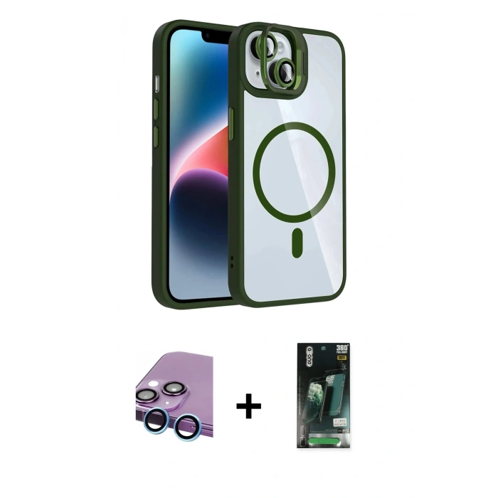 MARSİLYAN™- iPhone 13 Kılıf Yadigar Asil Koleksiyonu - Şeffaf 360 Full Body Arka Koruyucu + Mavi Raze Metal Kamera Lens