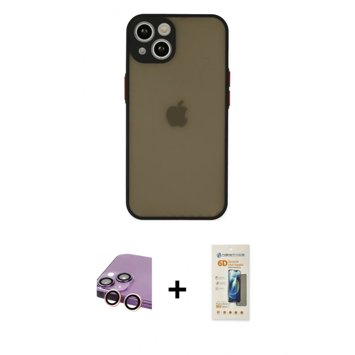 MARSİLYAN™- iPhone 13 Mini Kılıf Ahenk Çizgi Serisi - Siyah 6D Mat Seramik Hayalet Nano Ekran Koruyucu + Raze Metal Kamera Lens - PE