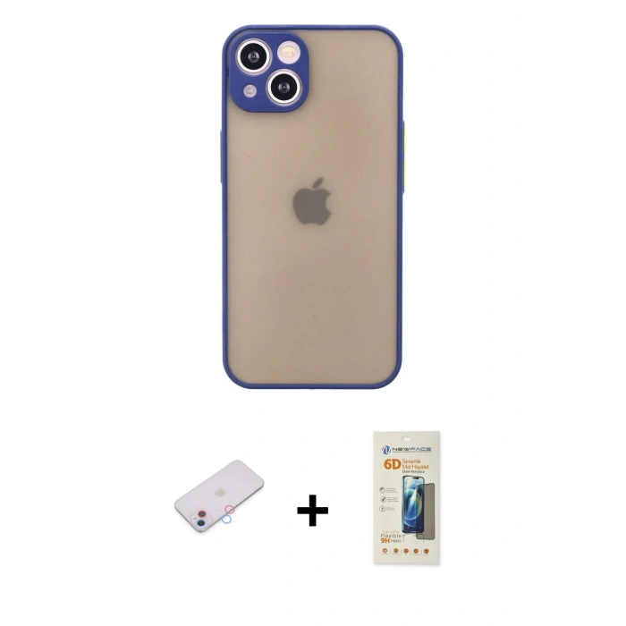 MARSİLYAN™- iPhone 13 Mini Kılıf Ahenk Çizgi Serisi - Siyah 6D Mat Seramik Hayalet Nano Ekran Koruyucu + Renkli Kamera Lens Koruma Cam - PE