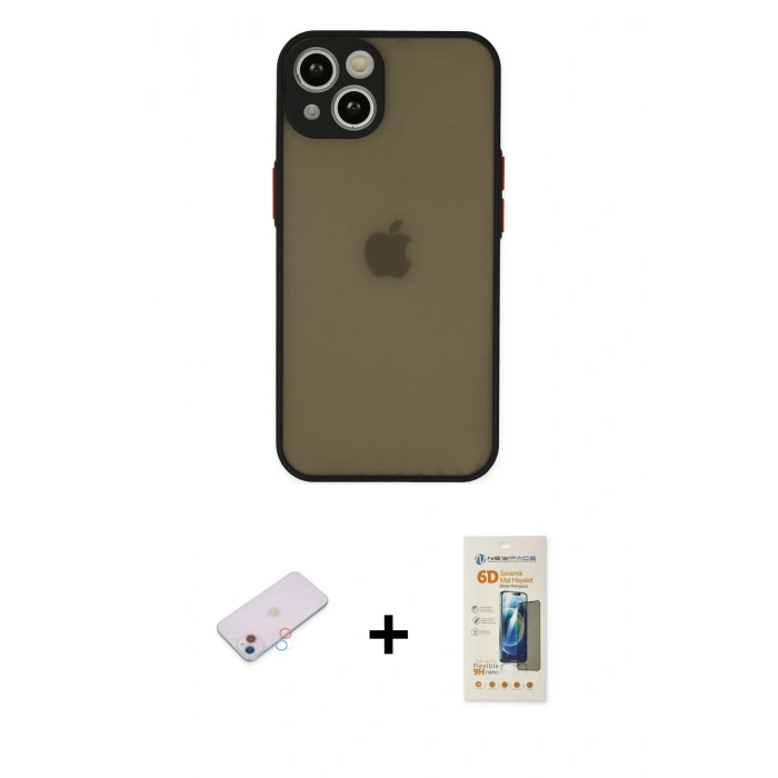 MARSİLYAN™- iPhone 13 Mini Kılıf Ahenk Çizgi Serisi - Siyah 6D Mat Seramik Hayalet Nano Ekran Koruyucu + Renkli Kamera Lens Koruma Cam - PE