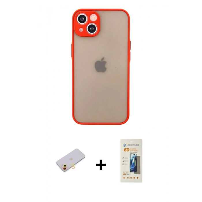 MARSİLYAN™- iPhone 13 Mini Kılıf Ahenk Çizgi Serisi - Siyah 6D Mat Seramik Hayalet Nano Ekran Koruyucu + Renkli Kamera Lens Koruma Cam - SI