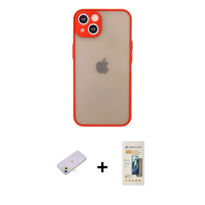 MARSİLYAN™- iPhone 13 Mini Kılıf Ahenk Çizgi Serisi - Siyah 6D Mat Seramik Hayalet Nano Ekran Koruyucu + Renkli Kamera Lens Koruma Cam - SI