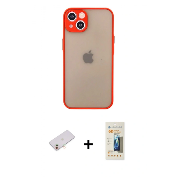 MARSİLYAN™- iPhone 13 Mini Kılıf Ahenk Çizgi Serisi - Siyah 6D Mat Seramik Hayalet Nano Ekran Koruyucu + Renkli Kamera Lens Koruma Cam - YL