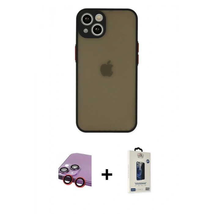 MARSİLYAN™- iPhone 13 Mini Kılıf Ahenk Çizgi Serisi - Siyah Bilvis Hayalet Cam Ekran Koruyucu + Raze Metal Kamera Lens - KI
