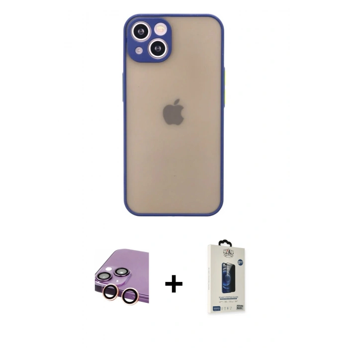 MARSİLYAN™- iPhone 13 Mini Kılıf Ahenk Çizgi Serisi - Siyah Bilvis Hayalet Cam Ekran Koruyucu + Raze Metal Kamera Lens - PE