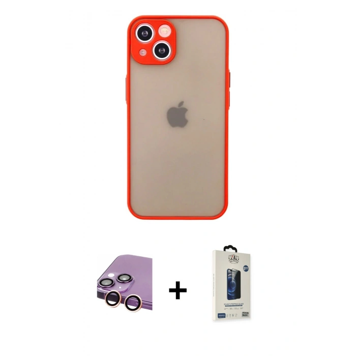 MARSİLYAN™- iPhone 13 Mini Kılıf Ahenk Çizgi Serisi - Siyah Bilvis Hayalet Cam Ekran Koruyucu + Raze Metal Kamera Lens - PE