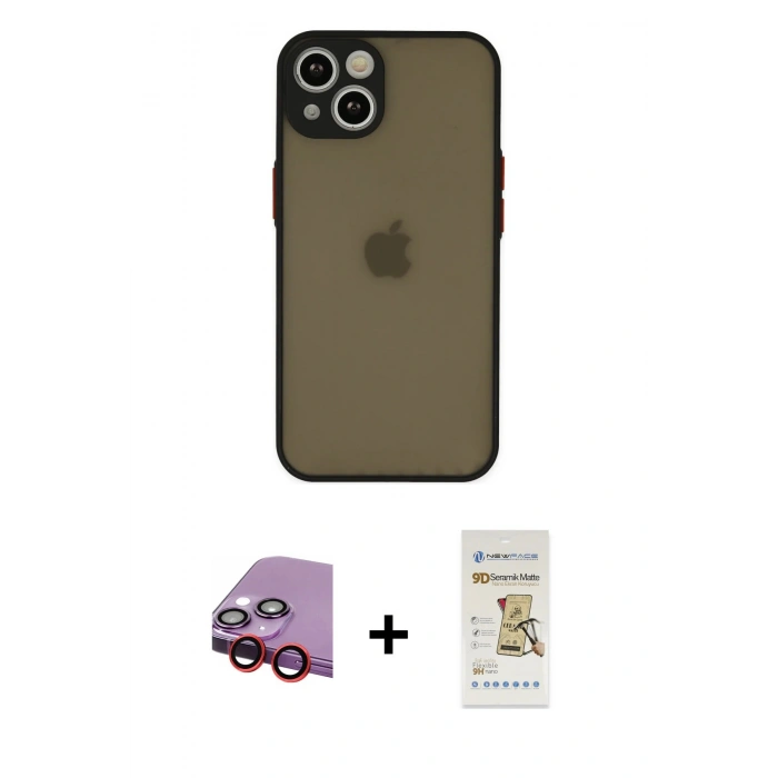MARSİLYAN™- iPhone 13 Mini Kılıf Ahenk Çizgi Serisi - Siyah Mat Seramik Nano Ekran Koruyucu + Raze Metal Kamera Lens - KI