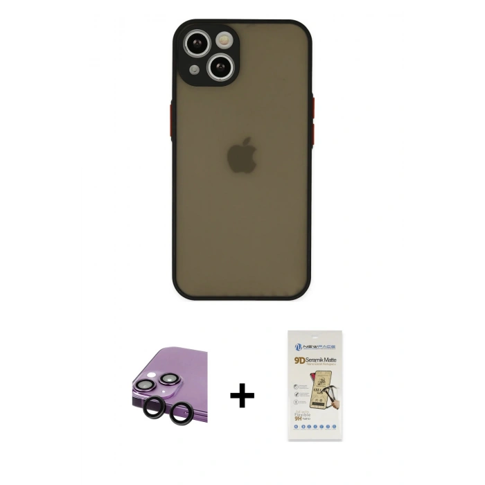 MARSİLYAN™- iPhone 13 Mini Kılıf Ahenk Çizgi Serisi - Siyah Mat Seramik Nano Ekran Koruyucu + Raze Metal Kamera Lens - SH