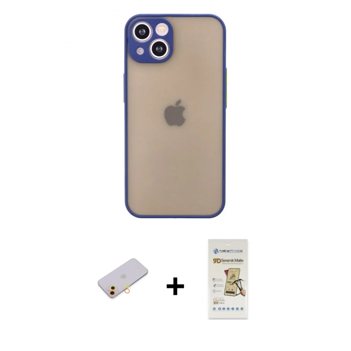 MARSİLYAN™- iPhone 13 Mini Kılıf Ahenk Çizgi Serisi - Siyah Mat Seramik Nano Ekran Koruyucu + Renkli Kamera Lens Koruma Cam - SI