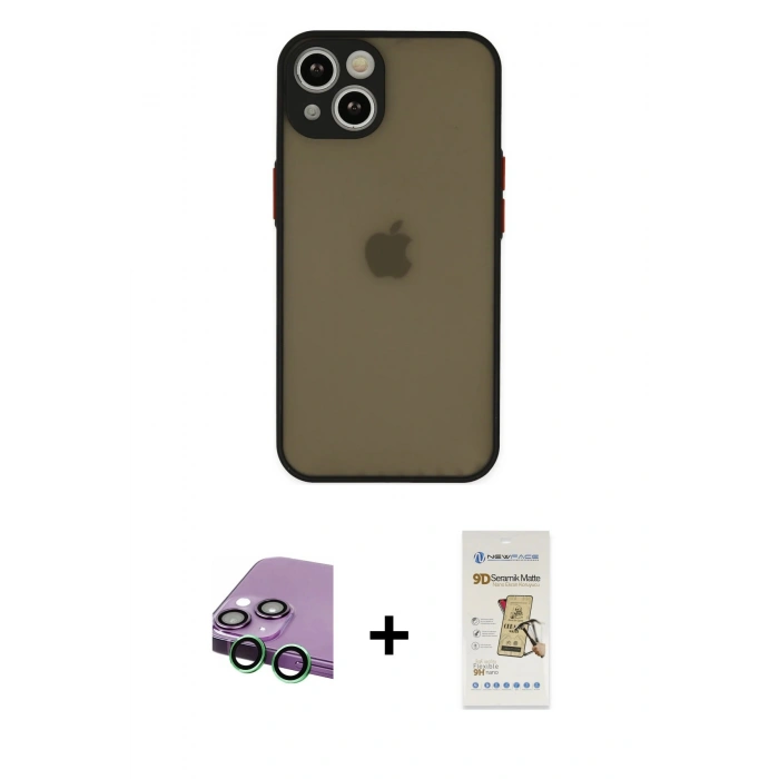 MARSİLYAN™- iPhone 13 Mini Kılıf Ahenk Çizgi Serisi - Siyah Mat Seramik Nano Ekran Koruyucu + Raze Metal Kamera Lens - YL