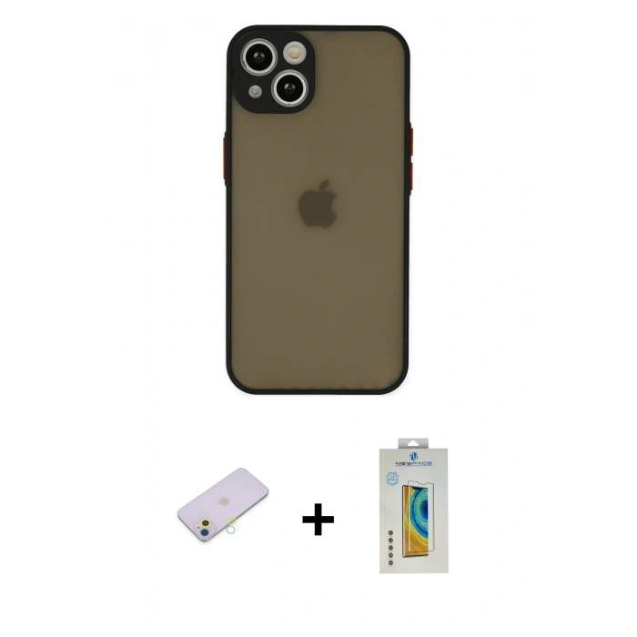 MARSİLYAN™- iPhone 13 Mini Kılıf Ahenk Çizgi Serisi - Siyah Polymer Nano Ekran Koruyucu + Renkli Kamera Lens Koruma Cam - SI