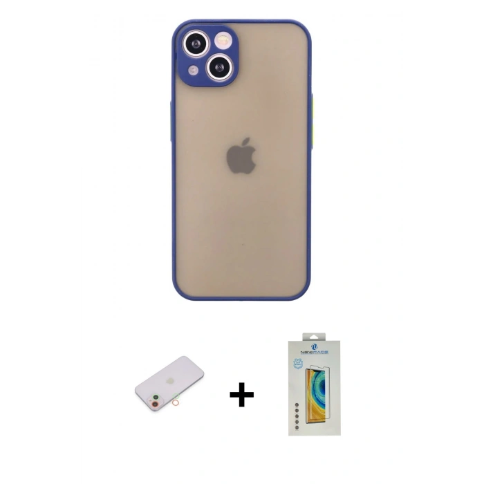 MARSİLYAN™- iPhone 13 Mini Kılıf Ahenk Çizgi Serisi - Siyah Polymer Nano Ekran Koruyucu + Renkli Kamera Lens Koruma Cam - YL