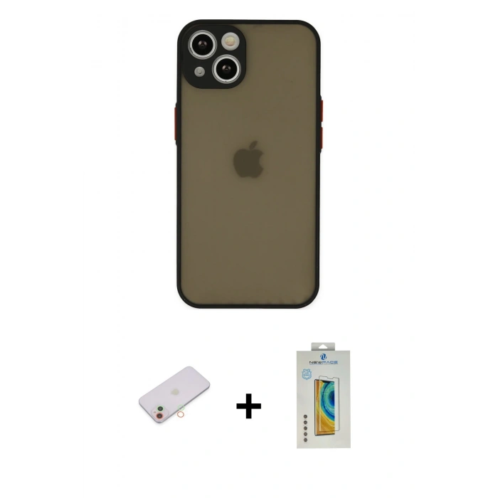MARSİLYAN™- iPhone 13 Mini Kılıf Ahenk Çizgi Serisi - Siyah Polymer Nano Ekran Koruyucu + Renkli Kamera Lens Koruma Cam - YL