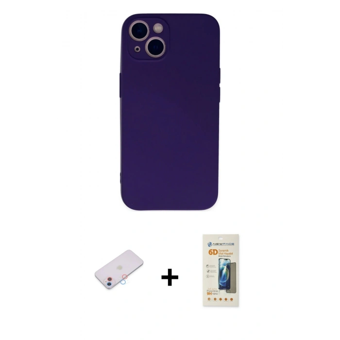 MARSİLYAN™- iPhone 13 Mini Kılıf Ahenk Serisi - Siyah 6D Mat Seramik Hayalet Nano Ekran Koruyucu + Renkli Kamera Lens Koruma Cam - PE