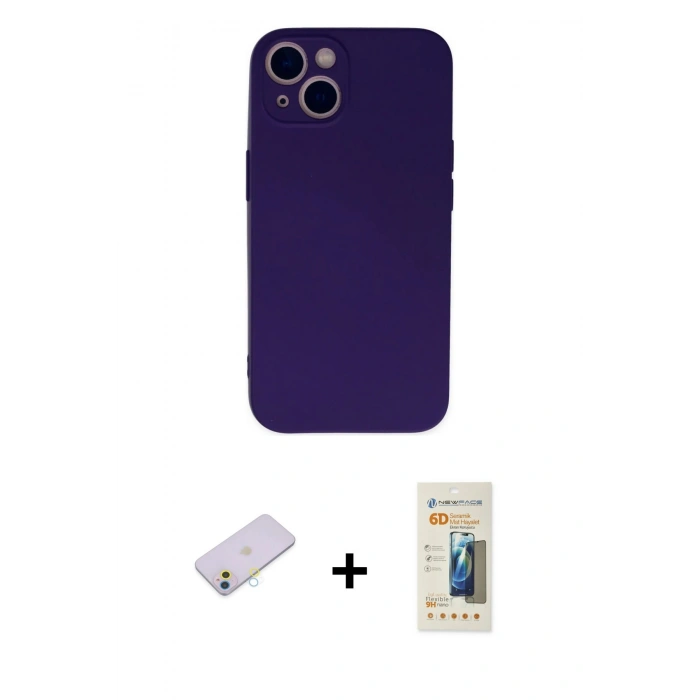 MARSİLYAN™- iPhone 13 Mini Kılıf Ahenk Serisi - Siyah 6D Mat Seramik Hayalet Nano Ekran Koruyucu + Renkli Kamera Lens Koruma Cam - SI