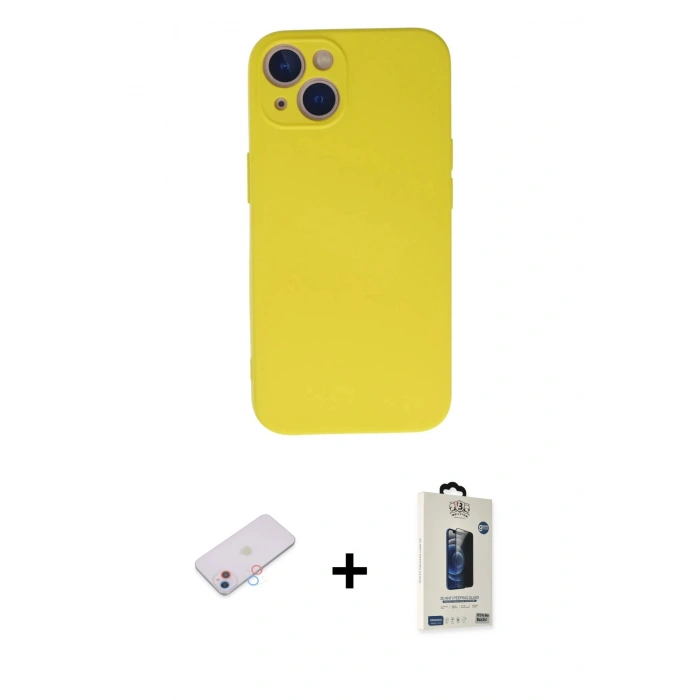 MARSİLYAN™- iPhone 13 Mini Kılıf Ahenk Serisi - Siyah Bilvis Hayalet Cam Ekran Koruyucu + Renkli Kamera Lens Koruma Cam - PE