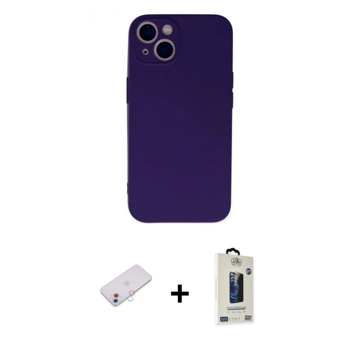 MARSİLYAN™- iPhone 13 Mini Kılıf Ahenk Serisi - Siyah Bilvis Hayalet Cam Ekran Koruyucu + Renkli Kamera Lens Koruma Cam - PE