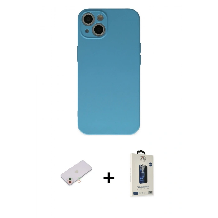 MARSİLYAN™- iPhone 13 Mini Kılıf Ahenk Serisi - Siyah Bilvis Hayalet Cam Ekran Koruyucu + Renkli Kamera Lens Koruma Cam - YL