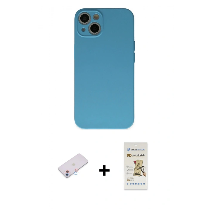 MARSİLYAN™- iPhone 13 Mini Kılıf Ahenk Serisi - Siyah Mat Seramik Nano Ekran Koruyucu + Renkli Kamera Lens Koruma Cam - PE