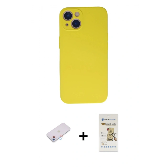 MARSİLYAN™- iPhone 13 Mini Kılıf Ahenk Serisi - Siyah Mat Seramik Nano Ekran Koruyucu + Renkli Kamera Lens Koruma Cam - PE