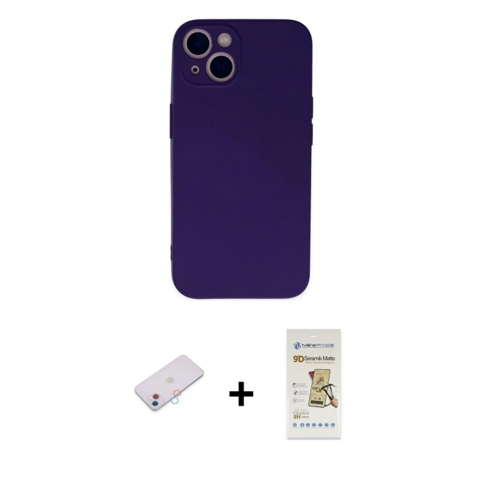 MARSİLYAN™- iPhone 13 Mini Kılıf Ahenk Serisi - Siyah Mat Seramik Nano Ekran Koruyucu + Renkli Kamera Lens Koruma Cam - PE