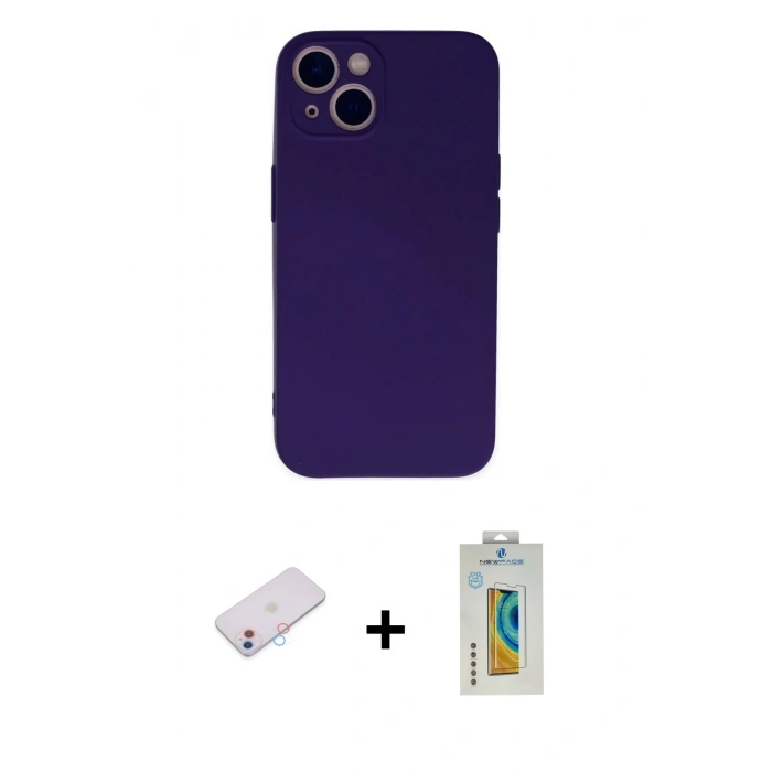 MARSİLYAN™- iPhone 13 Mini Kılıf Ahenk Serisi - Siyah Polymer Nano Ekran Koruyucu + Renkli Kamera Lens Koruma Cam - PE