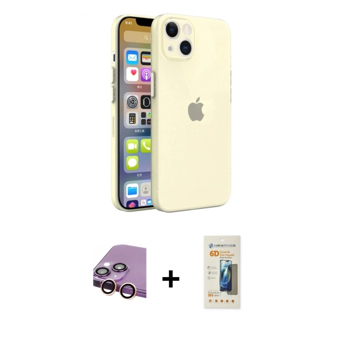 MARSİLYAN™- iPhone 13 Mini Kılıf Atlas Minimal Prime - Siyah 6D Mat Seramik Hayalet Nano Ekran Koruyucu + Raze Metal Kamera Lens - PE