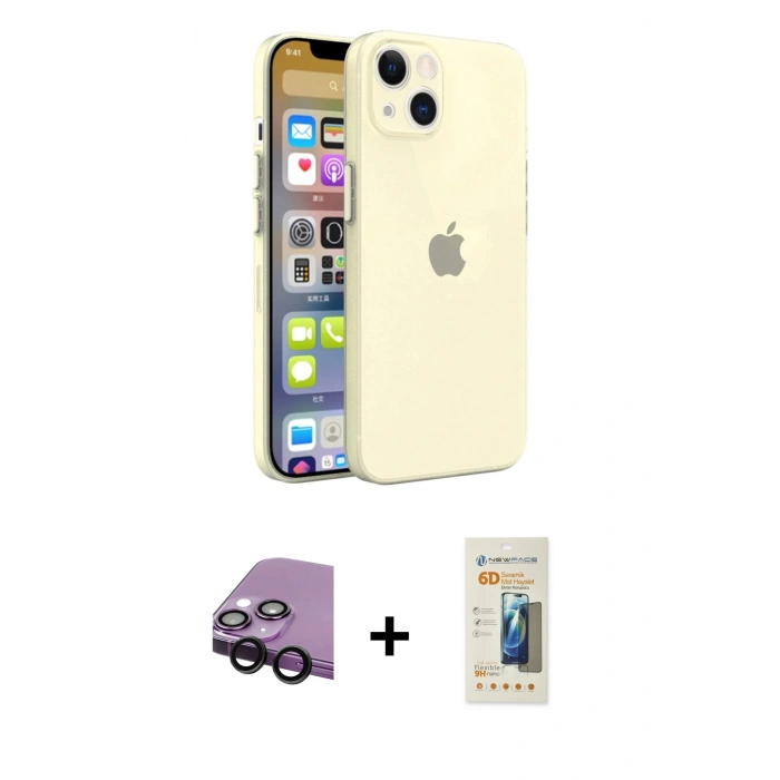 MARSİLYAN™- iPhone 13 Mini Kılıf Atlas Minimal Prime - Siyah 6D Mat Seramik Hayalet Nano Ekran Koruyucu + Raze Metal Kamera Lens - SH