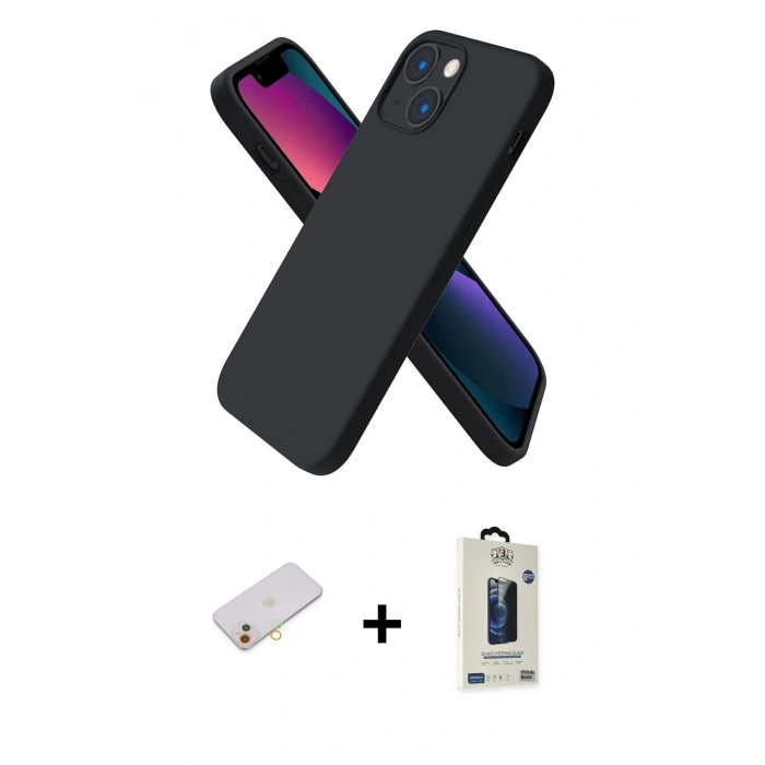 MARSİLYAN™- iPhone 13 Mini Kılıf Kozmos Yansıma Özel Seri - Siyah Bilvis Hayalet Cam Ekran Koruyucu + Turuncu Renkli Kamera Lens Koruma Cam