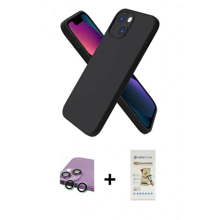 MARSİLYAN™- iPhone 13 Mini Kılıf Kozmos Yansıma Özel Seri - Siyah Mat Seramik Nano Ekran Koruyucu + Raze Metal Kamera Lens - YL