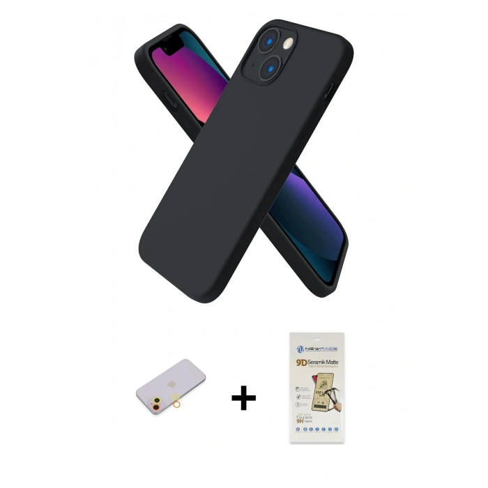 MARSİLYAN™- iPhone 13 Mini Kılıf Kozmos Yansıma Özel Seri - Siyah Mat Seramik Nano Ekran Koruyucu + Renkli Kamera Lens Koruma Cam - SI