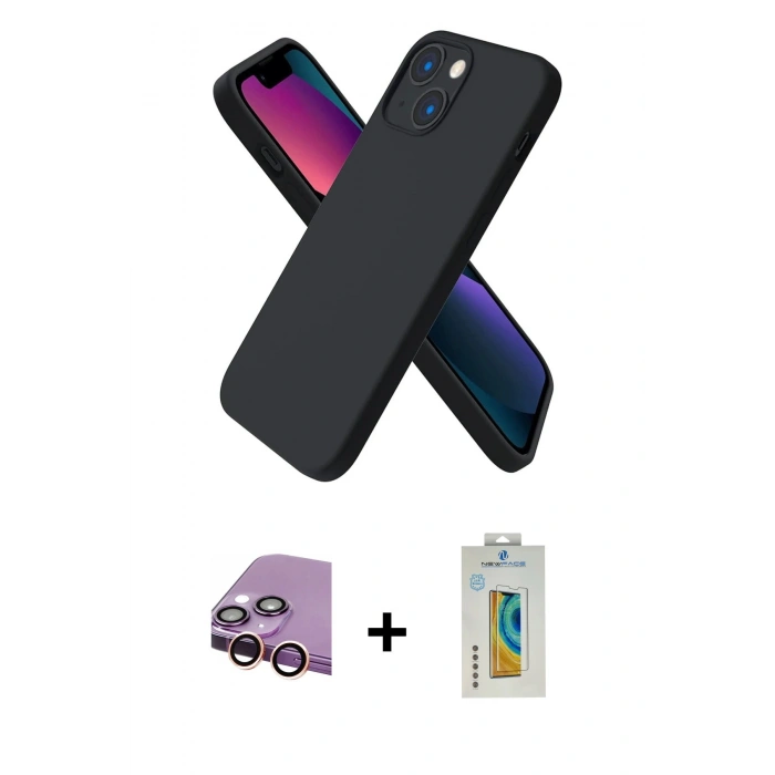 MARSİLYAN™- iPhone 13 Mini Kılıf Kozmos Yansıma Özel Seri - Siyah Polymer Nano Ekran Koruyucu + Raze Metal Kamera Lens - PE