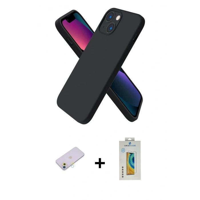 MARSİLYAN™- iPhone 13 Mini Kılıf Kozmos Yansıma Özel Seri - Siyah Polymer Nano Ekran Koruyucu + Renkli Kamera Lens Koruma Cam - SI