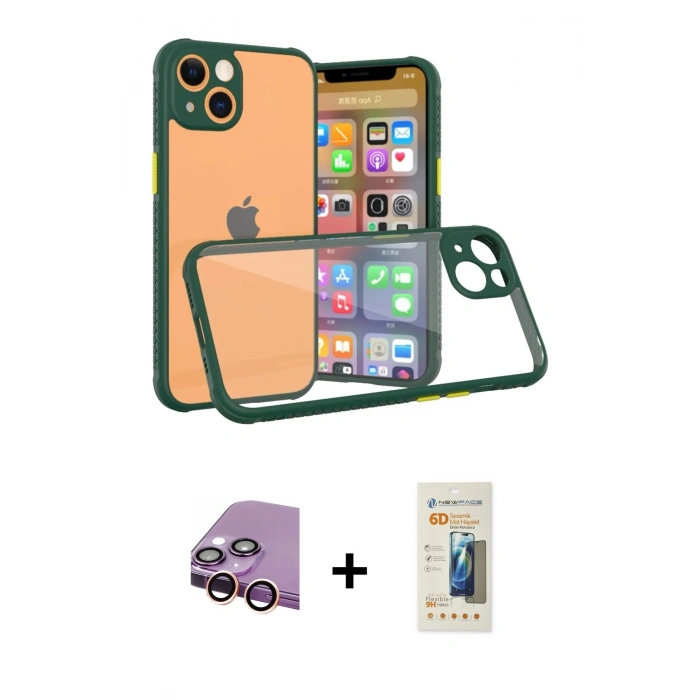 MARSİLYAN™- iPhone 13 Mini Kılıf Nova Asil Özel Seri - Siyah 6D Mat Seramik Hayalet Nano Ekran Koruyucu + Raze Metal Kamera Lens - PE