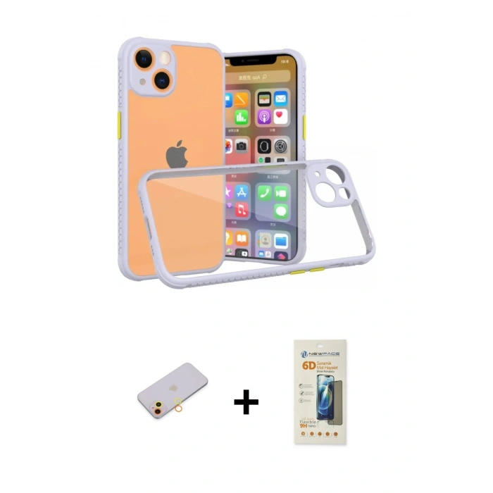 MARSİLYAN™- iPhone 13 Mini Kılıf Nova Asil Özel Seri - Siyah 6D Mat Seramik Hayalet Nano Ekran Koruyucu + Renkli Kamera Lens Koruma Cam - SI