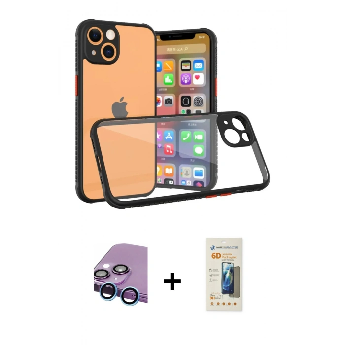 MARSİLYAN™- iPhone 13 Mini Kılıf Nova Asil Özel Seri - Siyah 6D Mat Seramik Hayalet Nano Ekran Koruyucu + Raze Metal Kamera Lens - MI