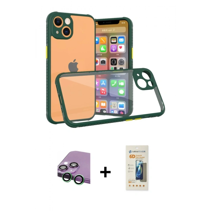 MARSİLYAN™- iPhone 13 Mini Kılıf Nova Asil Özel Seri - Siyah 6D Mat Seramik Hayalet Nano Ekran Koruyucu + Raze Metal Kamera Lens - YL