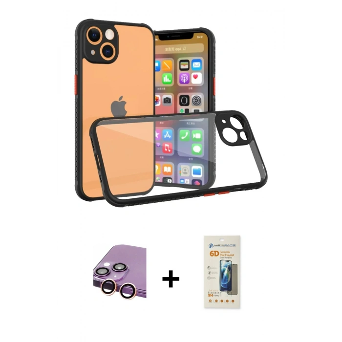 MARSİLYAN™- iPhone 13 Mini Kılıf Nova Asil Özel Seri - Siyah 6D Mat Seramik Hayalet Nano Ekran Koruyucu + Raze Metal Kamera Lens - PE