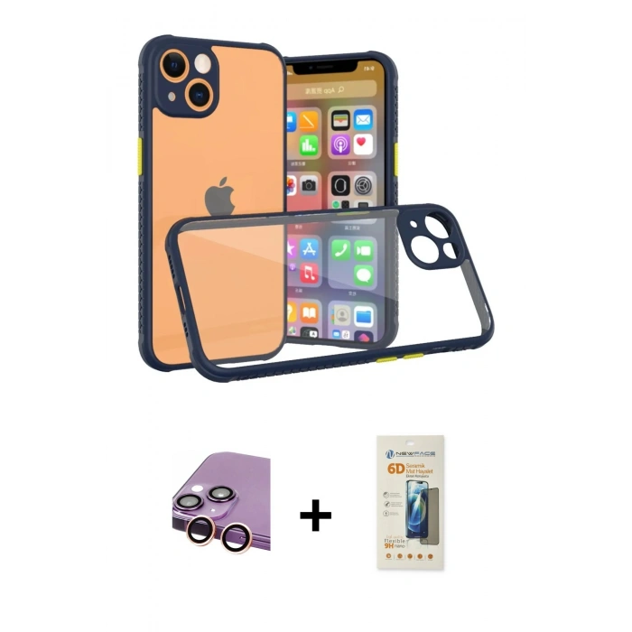 MARSİLYAN™- iPhone 13 Mini Kılıf Nova Asil Özel Seri - Siyah 6D Mat Seramik Hayalet Nano Ekran Koruyucu + Raze Metal Kamera Lens - PE