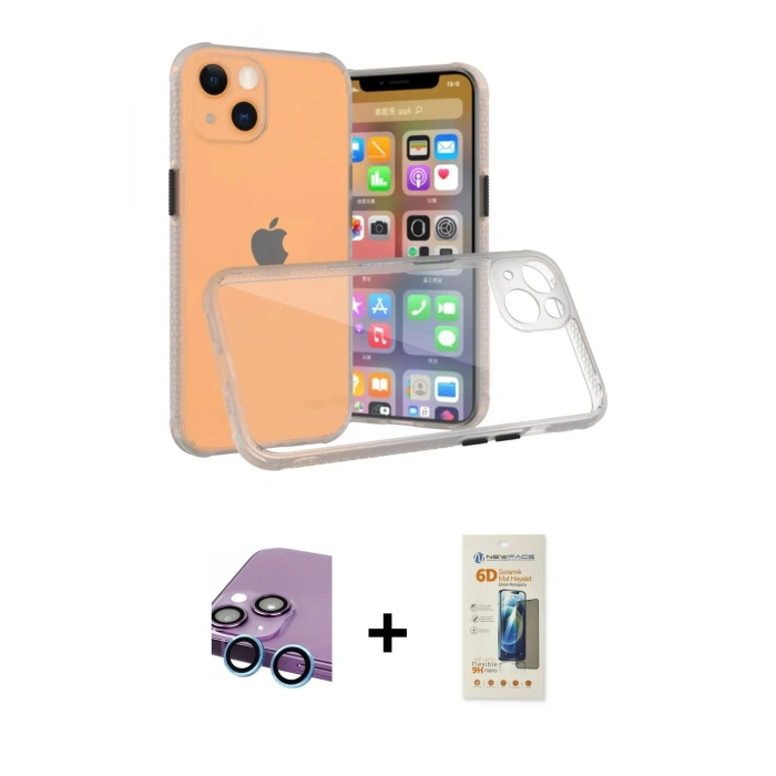 MARSİLYAN™- iPhone 13 Mini Kılıf Nova Asil Özel Seri - Siyah 6D Mat Seramik Hayalet Nano Ekran Koruyucu + Raze Metal Kamera Lens - MI